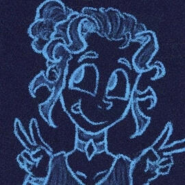 A light blue sketch of Cille in May 2023 against a dark blue background. They are sticking their tongue out of their smiling mouth as they put up both of their hands doing a V pose. They are wearing a choker with a diamond pendant(?).